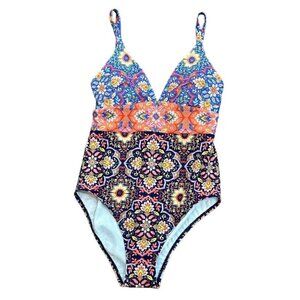Boden Arezzo V Neck One Piece Bathing Suit Swim S0225-BLUE 6 Summer Pool Beach